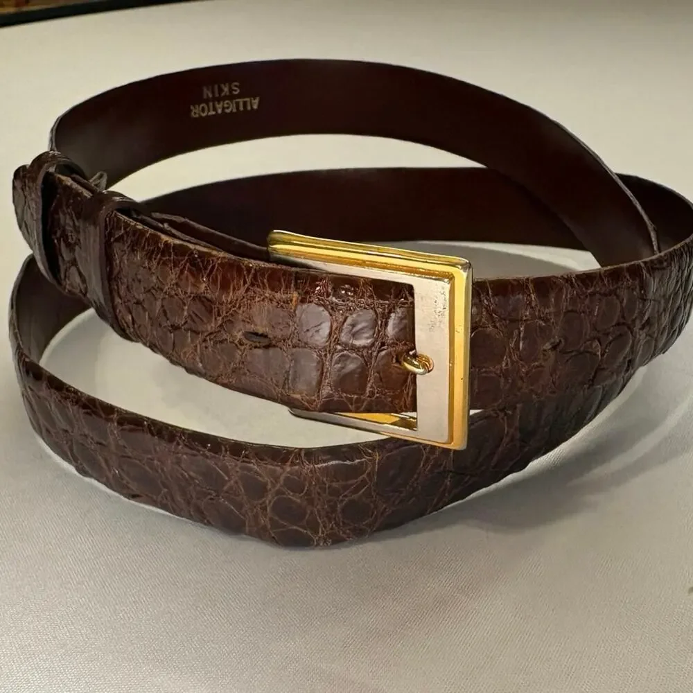 Vintage Brown Genuine Alligator Skin Belt Gold Tone Buckle 36 Old Money Class